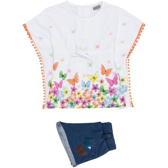 NWT Losan butterflies white t-shirt and fleece denim short with sequins - Picture 1 of 7